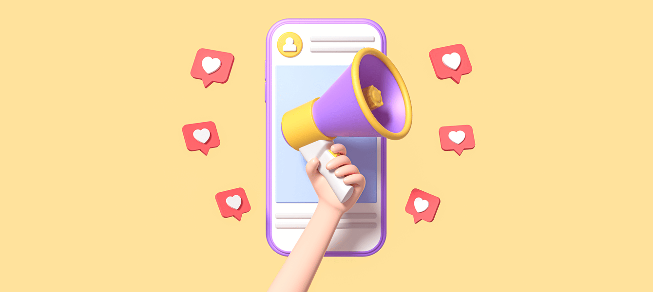 Instagram account animation with hand holding megaphone